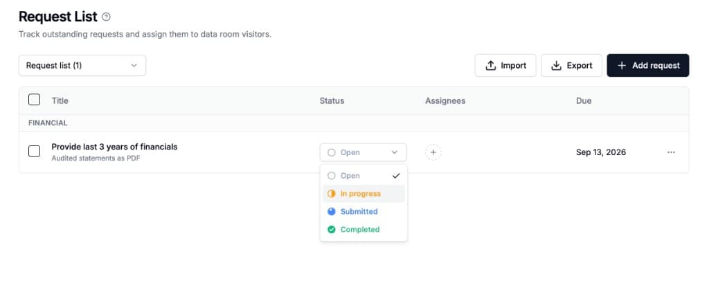 Papermark request list status options: Open, In progress, Submitted, and Completed