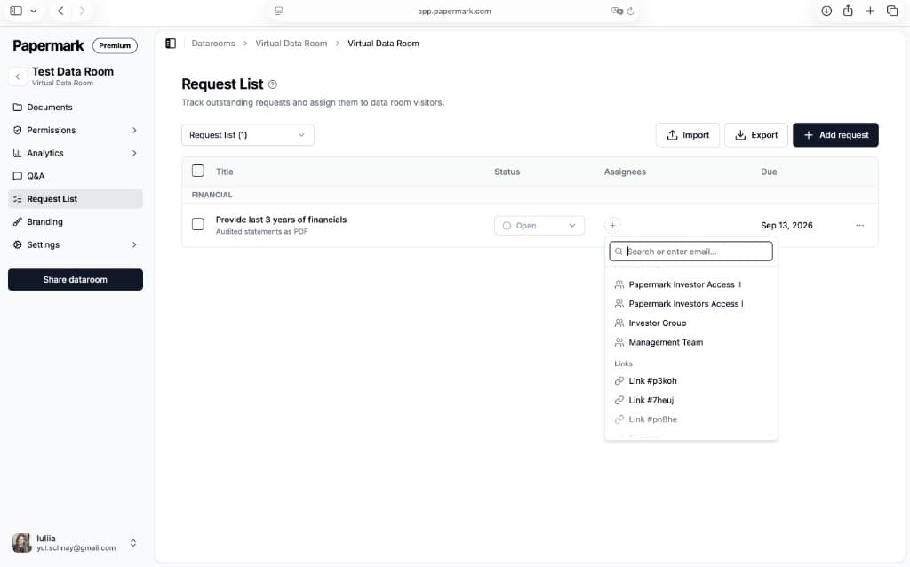 Papermark data room due diligence request list with statuses and assignees