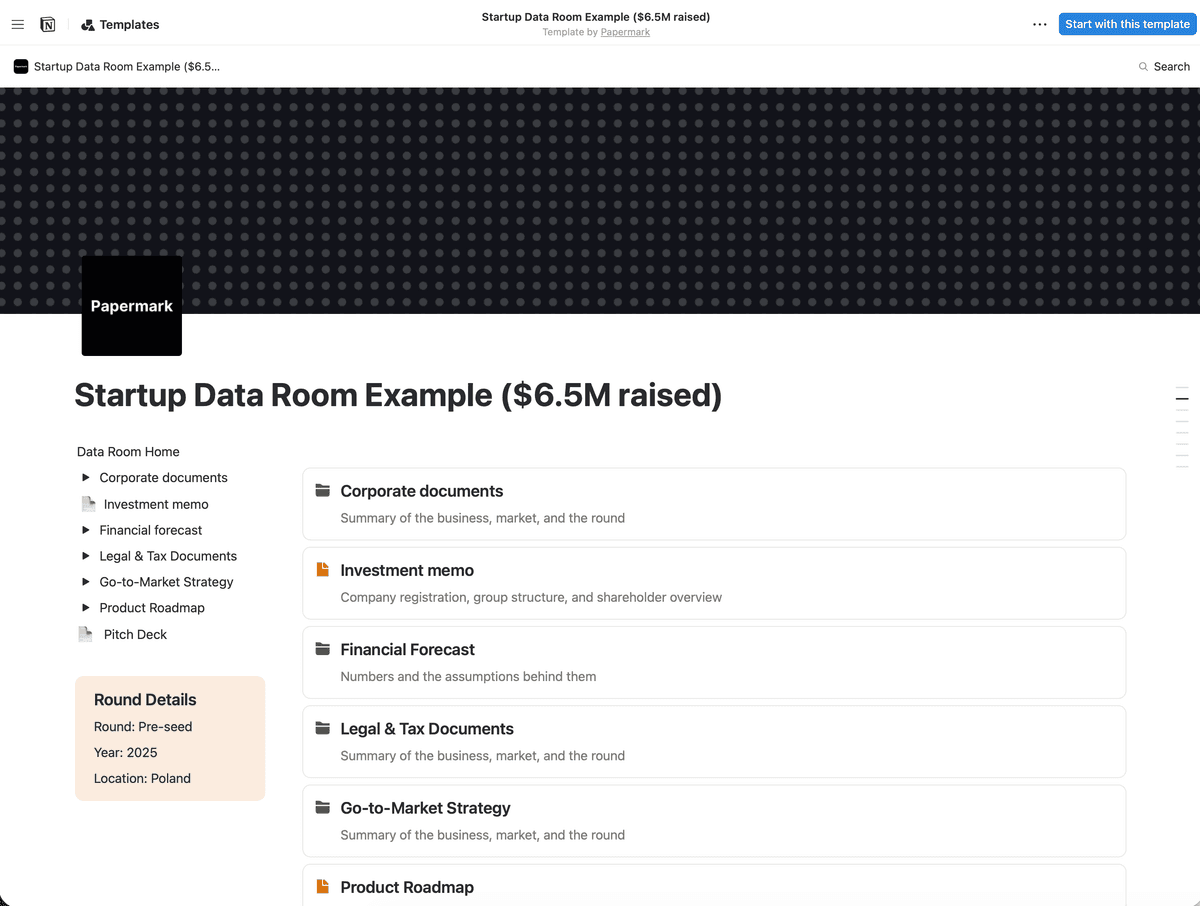 Notion startup data room template by Papermark