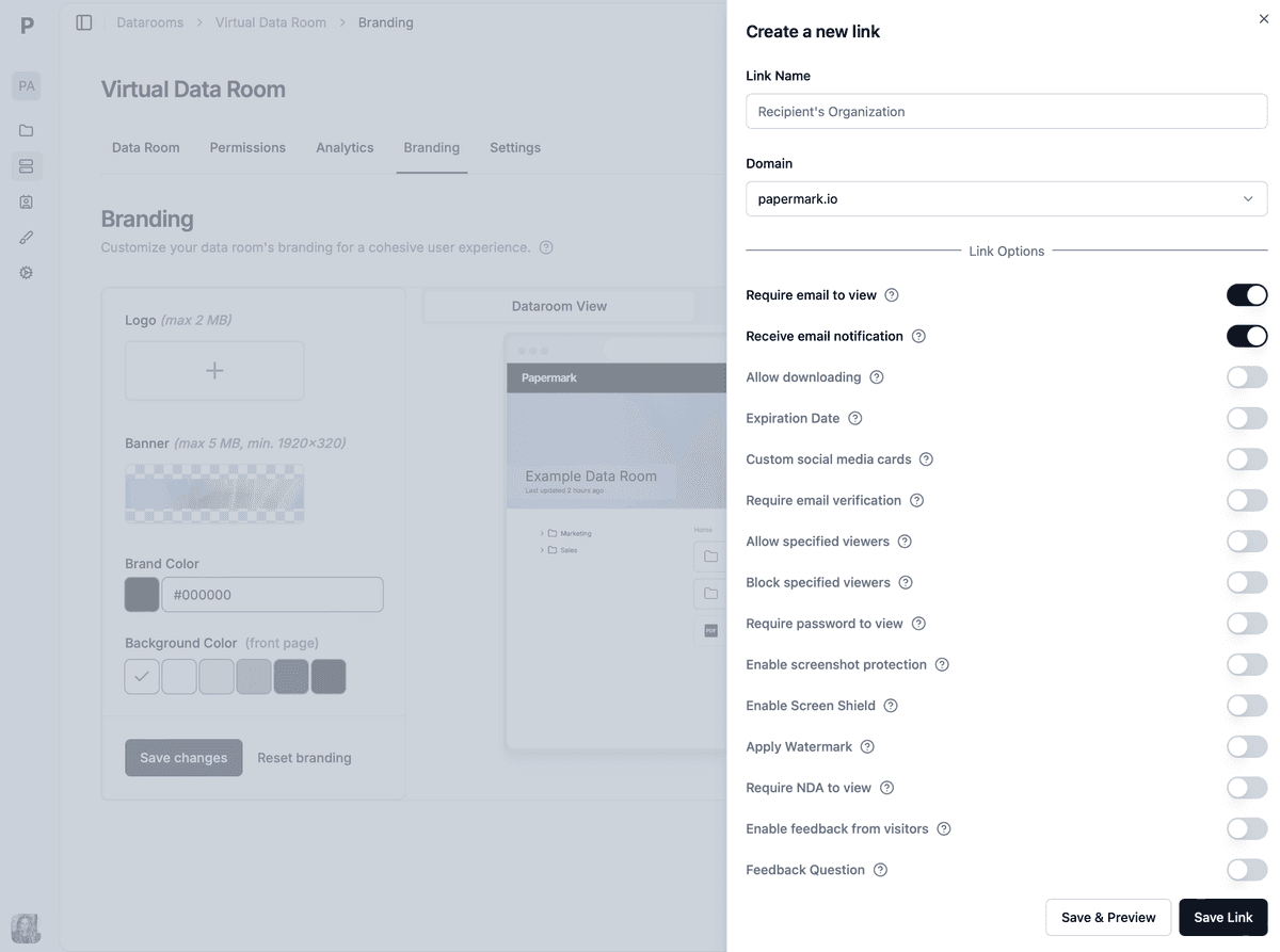 Papermark's comprehensive link permission settings for secure document sharing