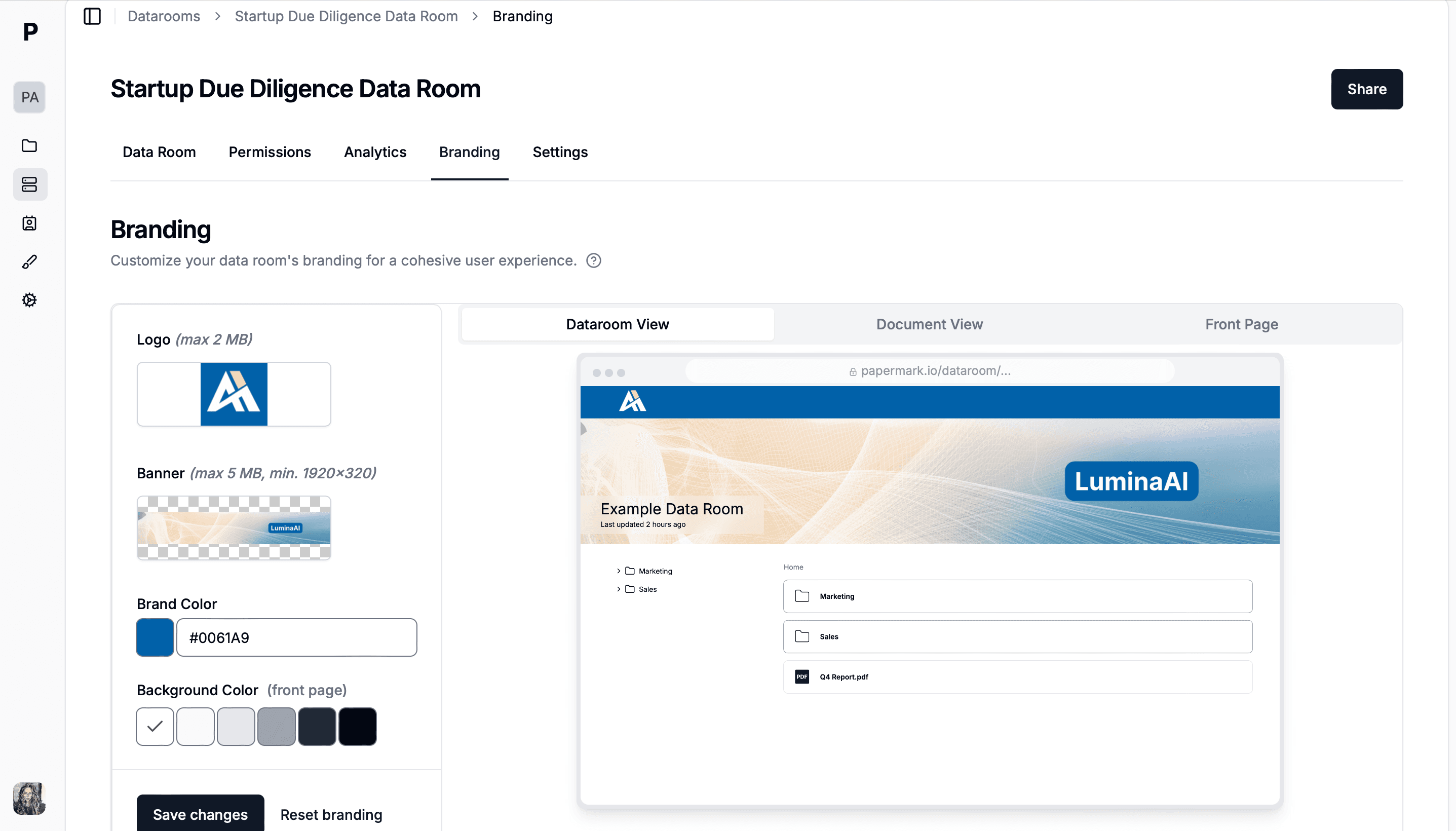 Branded data room example