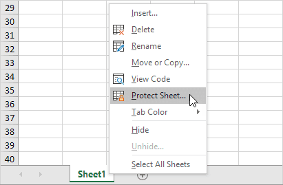 Excel Worksheet Protection - Protect Sheet dialog