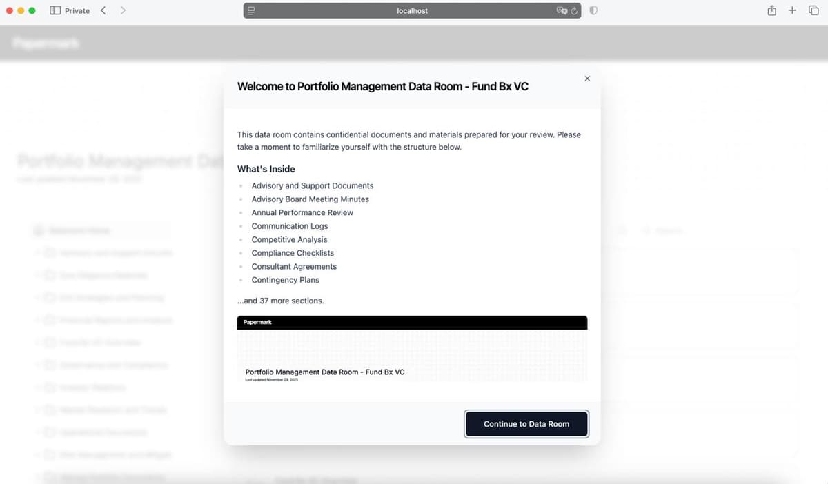 Data Room Introduction Page - Visitor View