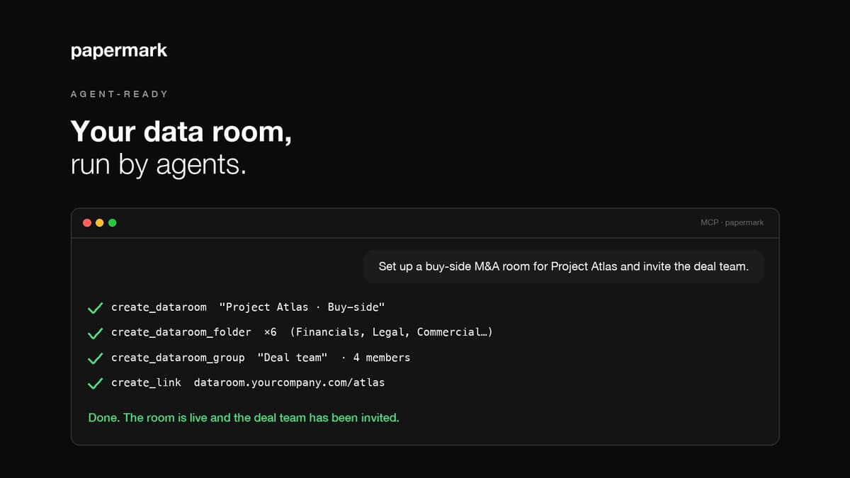 An agent setting up a buy-side M&A data room through the Papermark MCP server