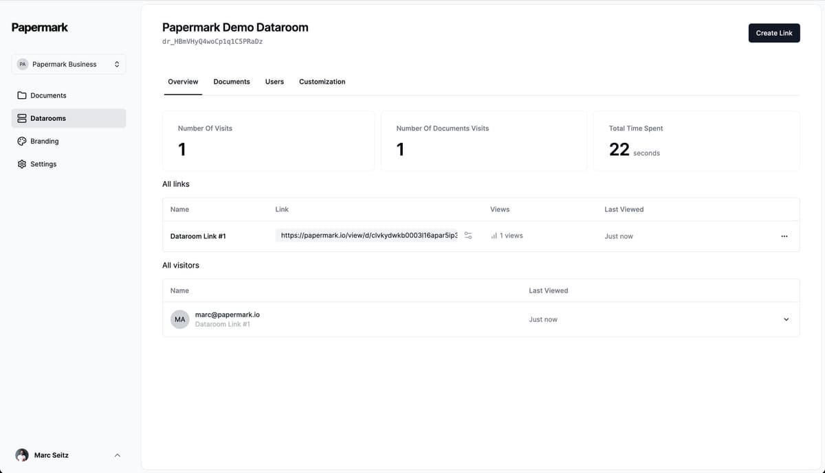 The first Papermark data room: one link, aggregate analytics and visitor tracking