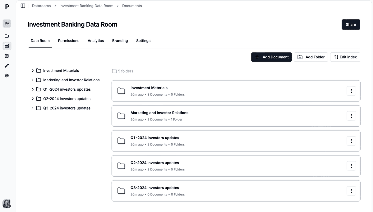 Papermark data room organizing financial due diligence documents for a deal team
