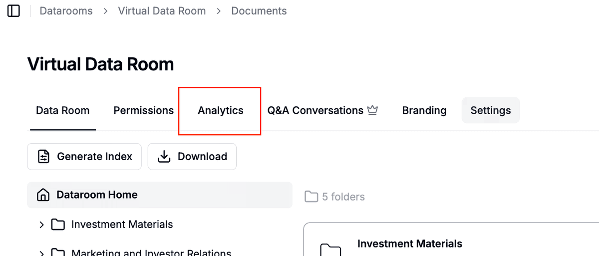 Data room audit log export button