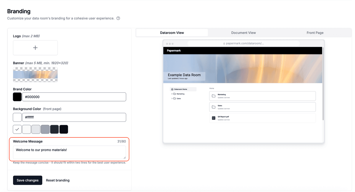 Champ de message de bienvenue en surbrillance