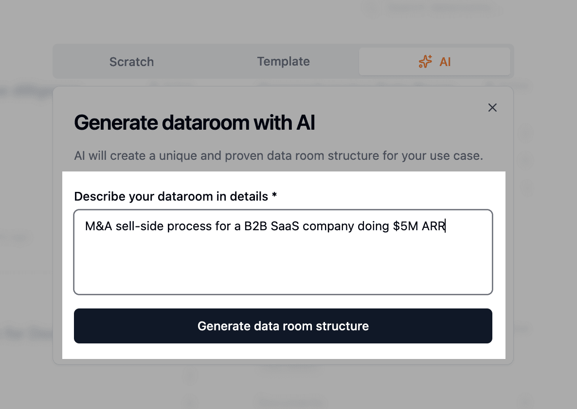 Data room name and AI description fields