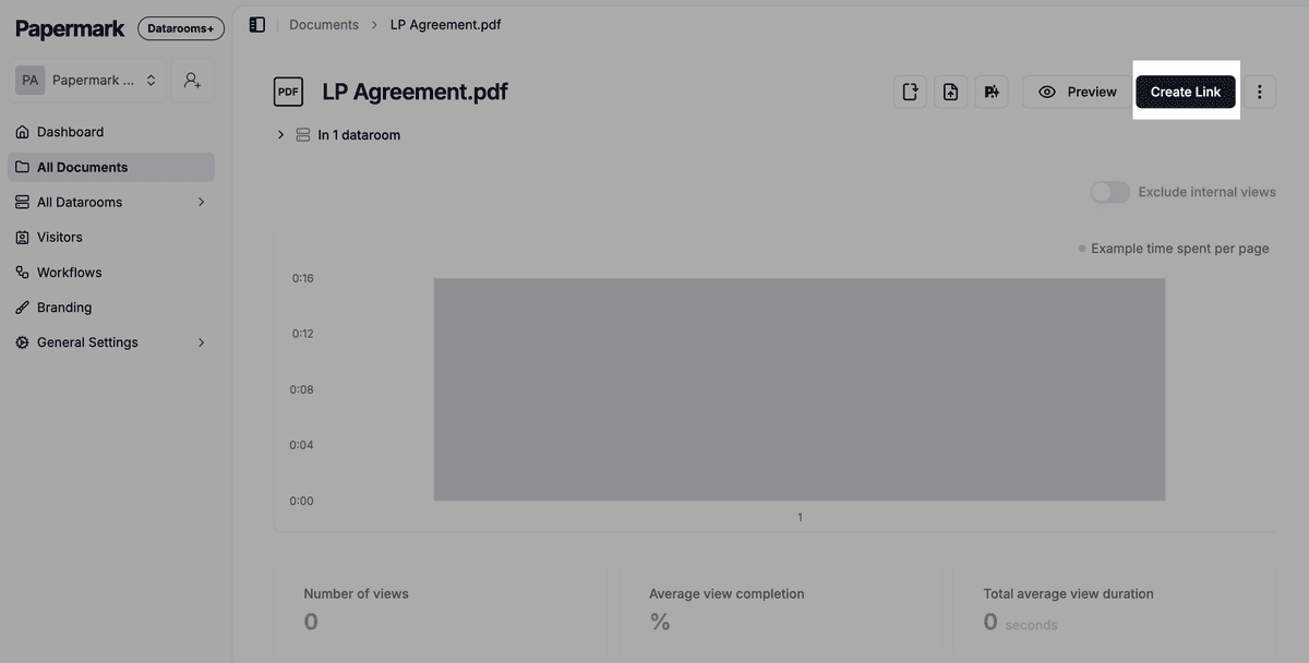Create link button on a document in Papermark