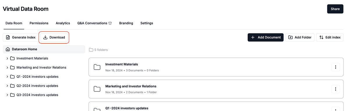 Fonctionnalité de téléchargement de salle de données