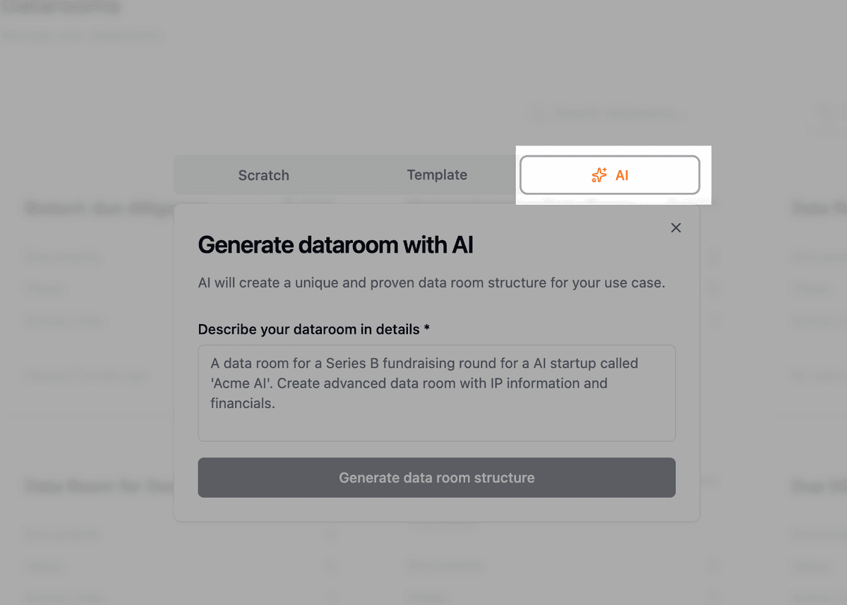 Generate with AI option in the data room creation modal