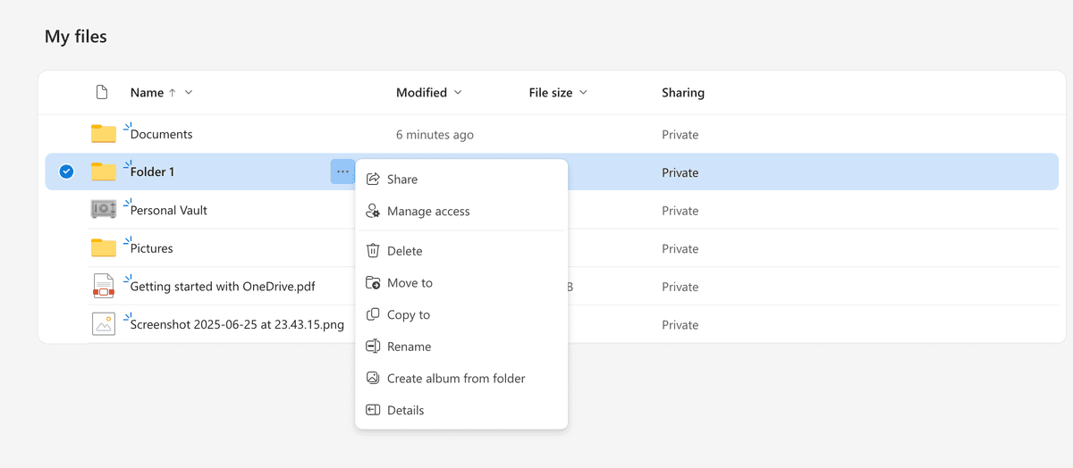 Options de dossier OneDrive