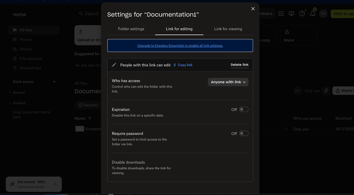 Dropbox advanced link settings