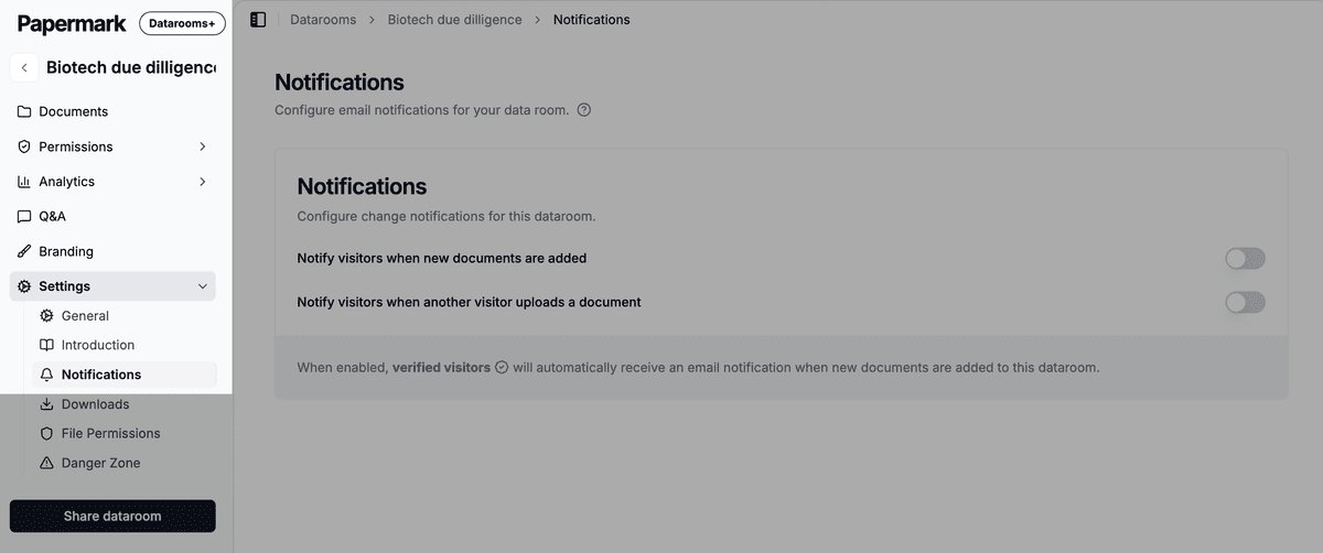Data room Settings and Notifications tab in Papermark
