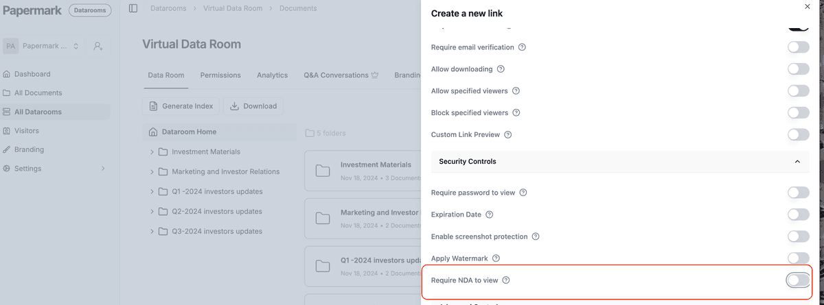 Panneau des paramètres de lien