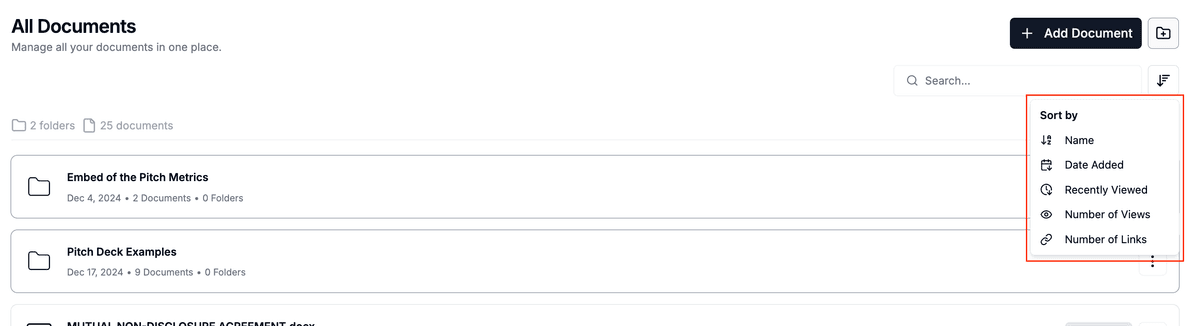 Interface de tri des documents dans Papermark