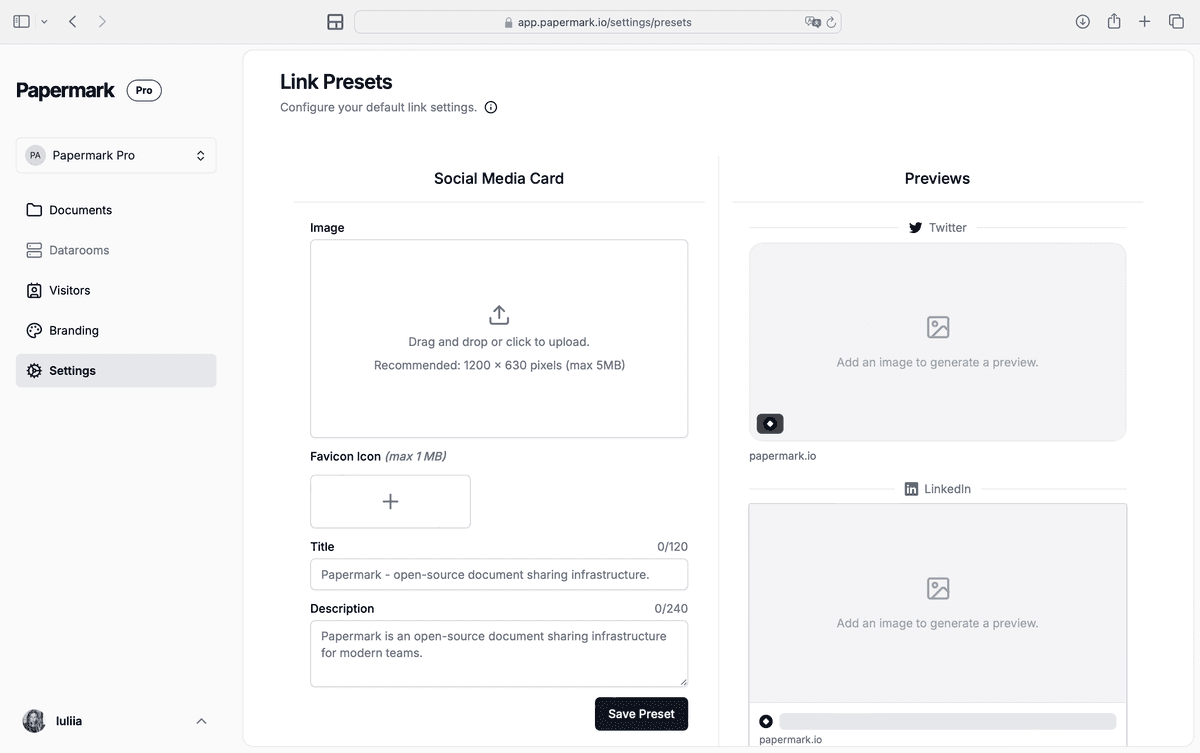 Favicon dans les préréglages