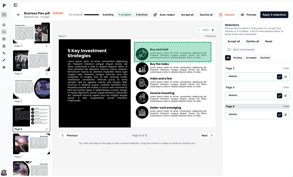 Reviewing redactions in the Papermark AI redaction workspace