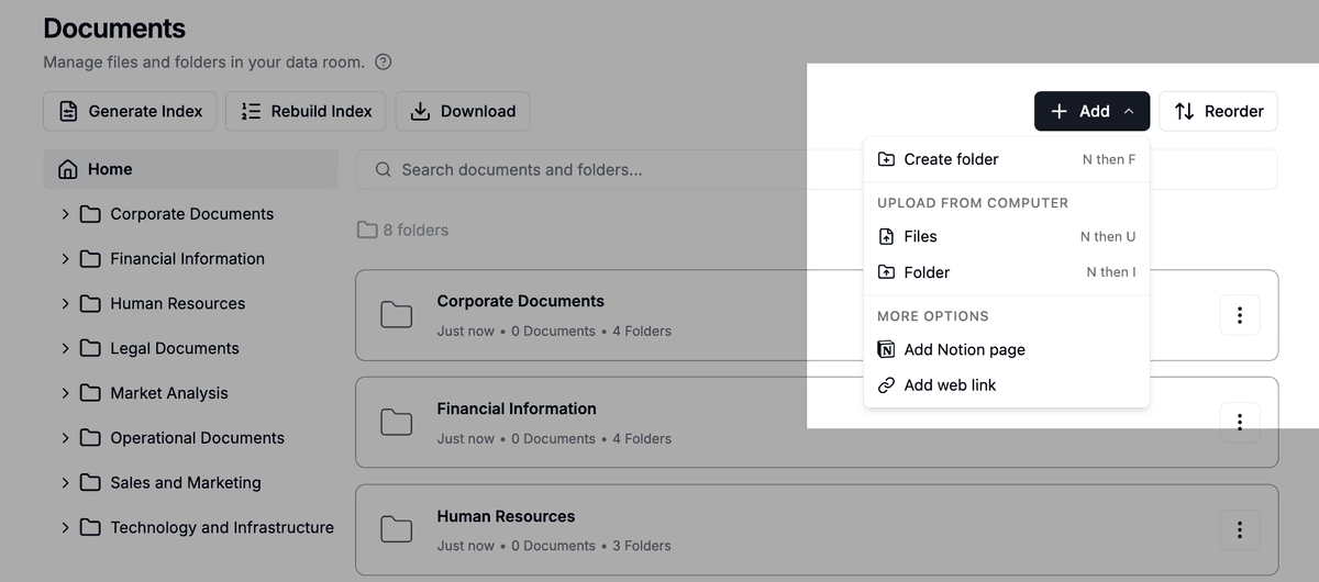 Upload documents into an AI-generated data room