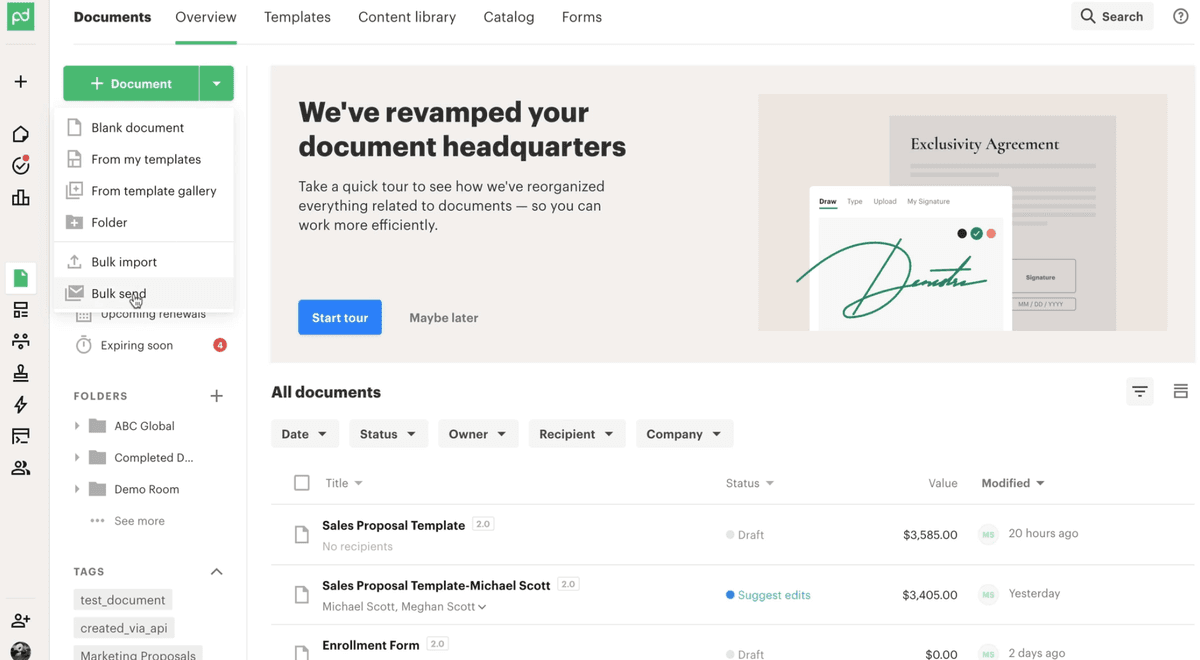 Interface d'envoi en masse PandaDoc