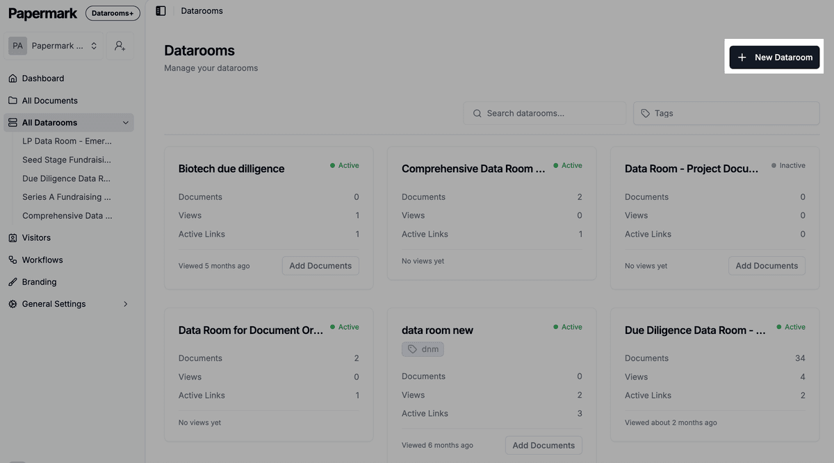 Create data room button in Papermark