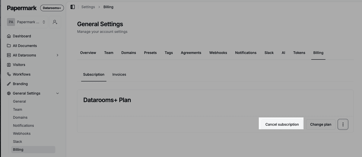 Cancel subscription button in Papermark Billing settings