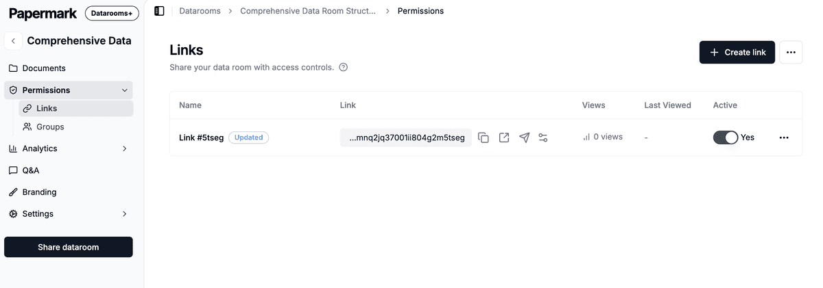 Data room link settings in Papermark