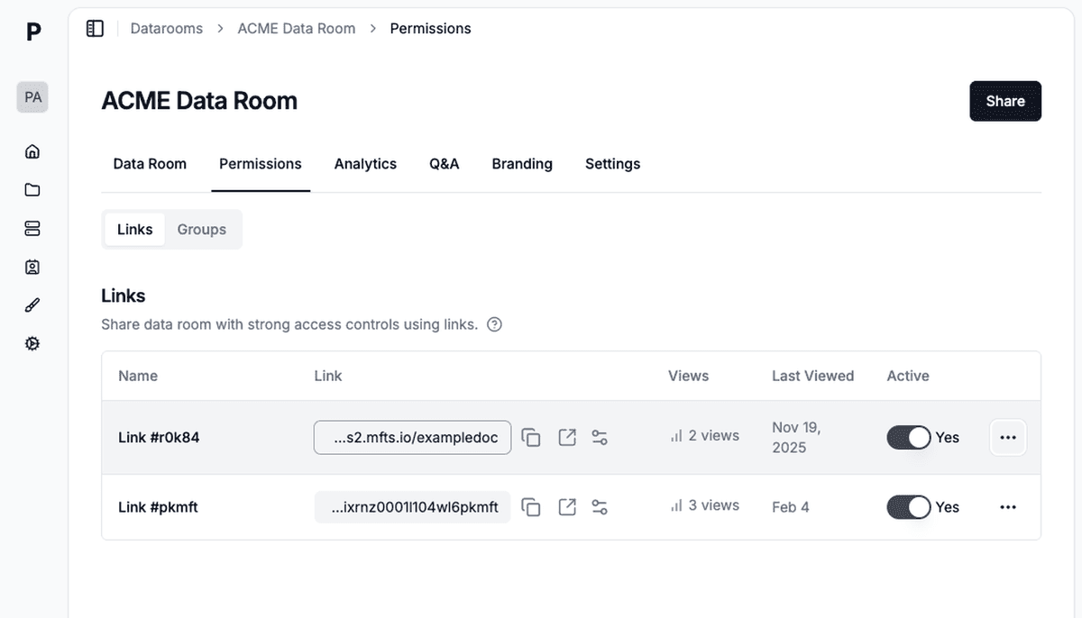 Data room permissions page with links