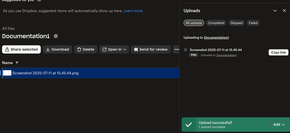 Dropbox add file to folder