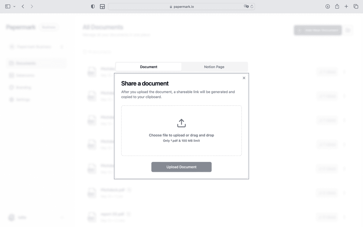 Papermark interface showcasing document sharing and analytics features