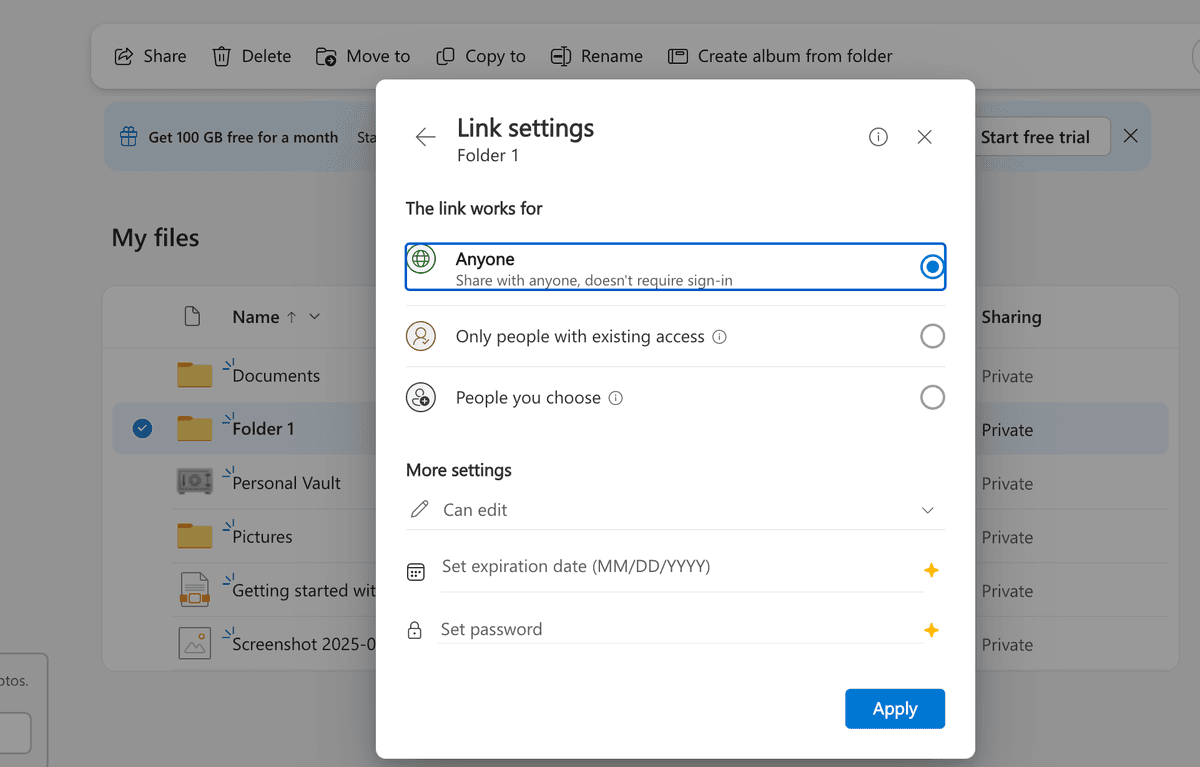 Paramètres de lien OneDrive
