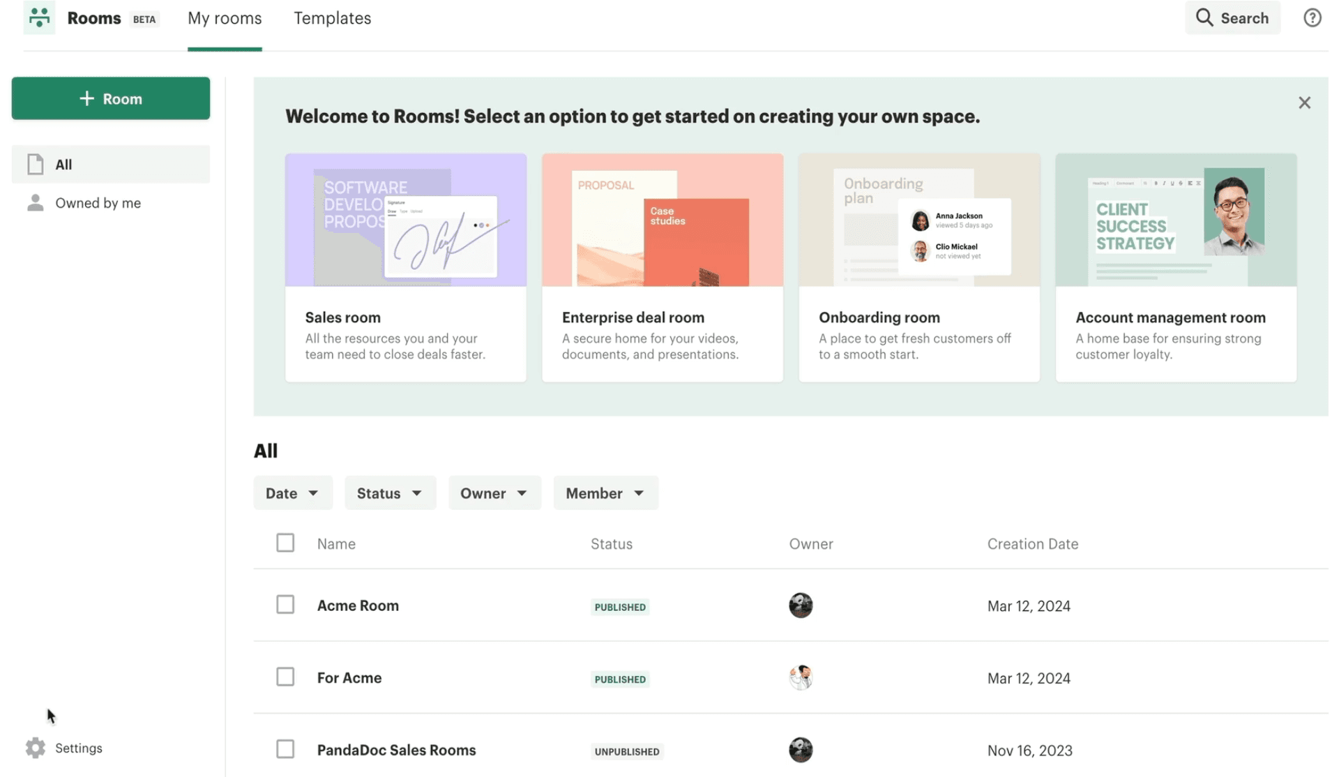 PandaDoc Rooms Interface