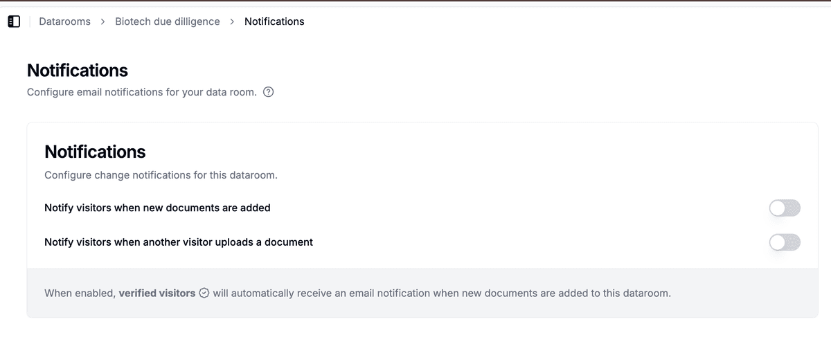Upload notification options in data room settings