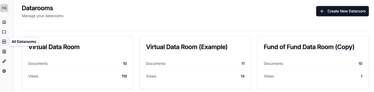 Liste des data rooms montrant les salles disponibles