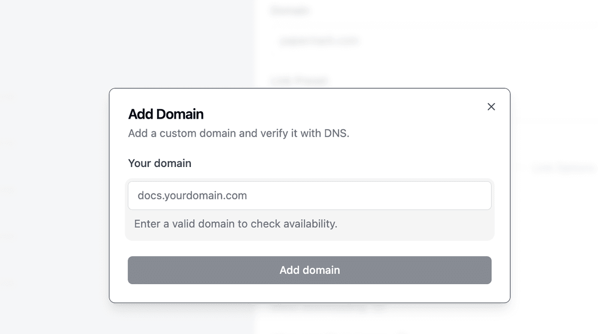 Add Domain modal for connecting a custom domain