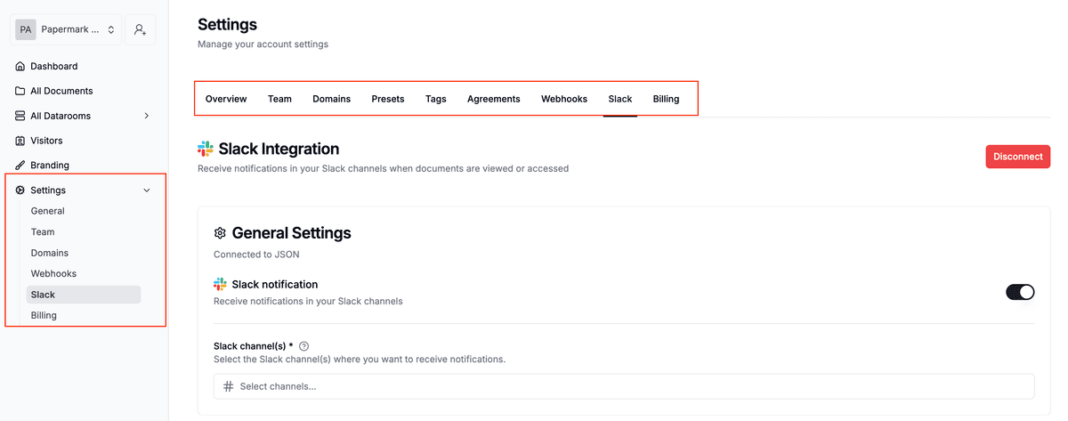 Open Slack settings in Papermark