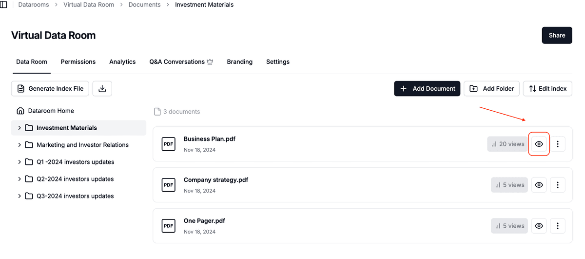 Prévisualisation de documents dans une data room