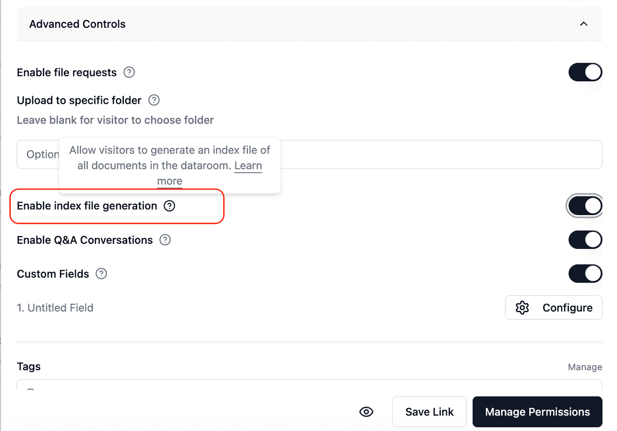 Paramètres d'activation de la génération d'index
