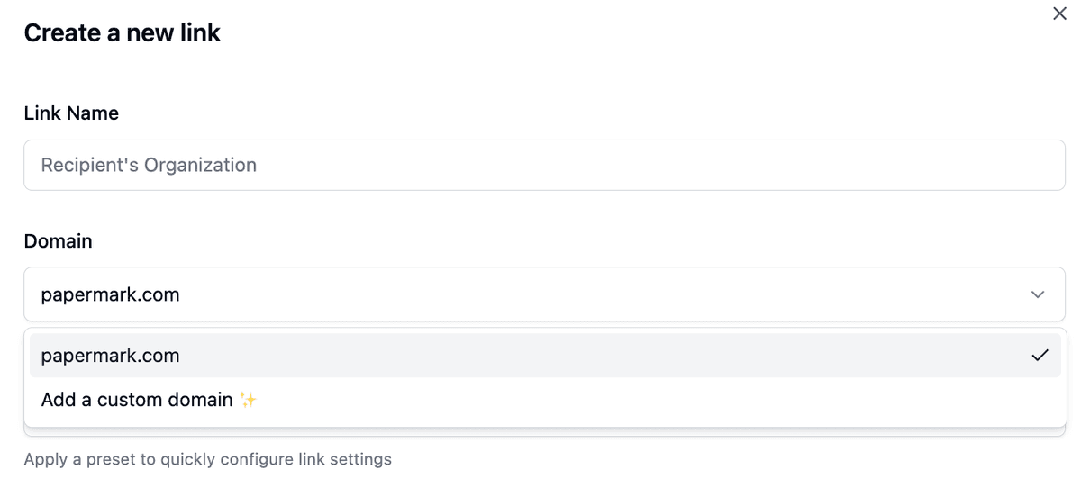 Domain dropdown in the Create a new link modal
