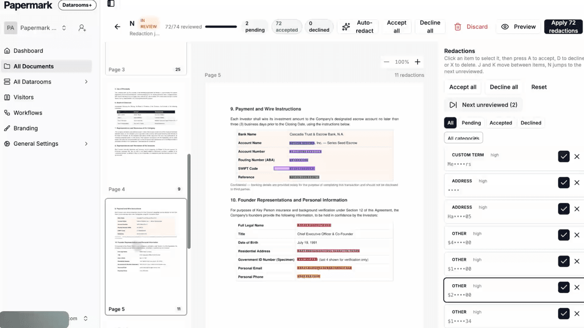Personal data detected by AI redaction in Papermark