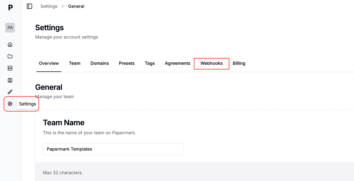 Page des paramètres des webhooks