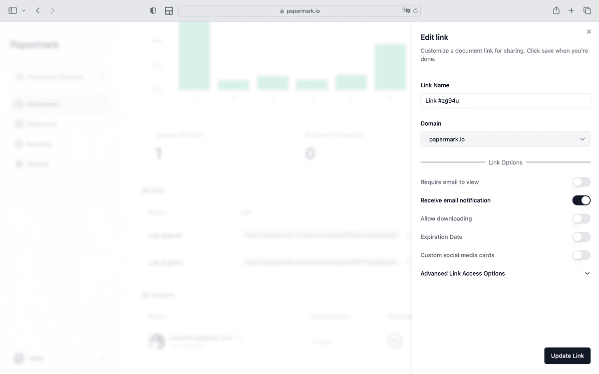 Paramètres principaux du lien Papermark