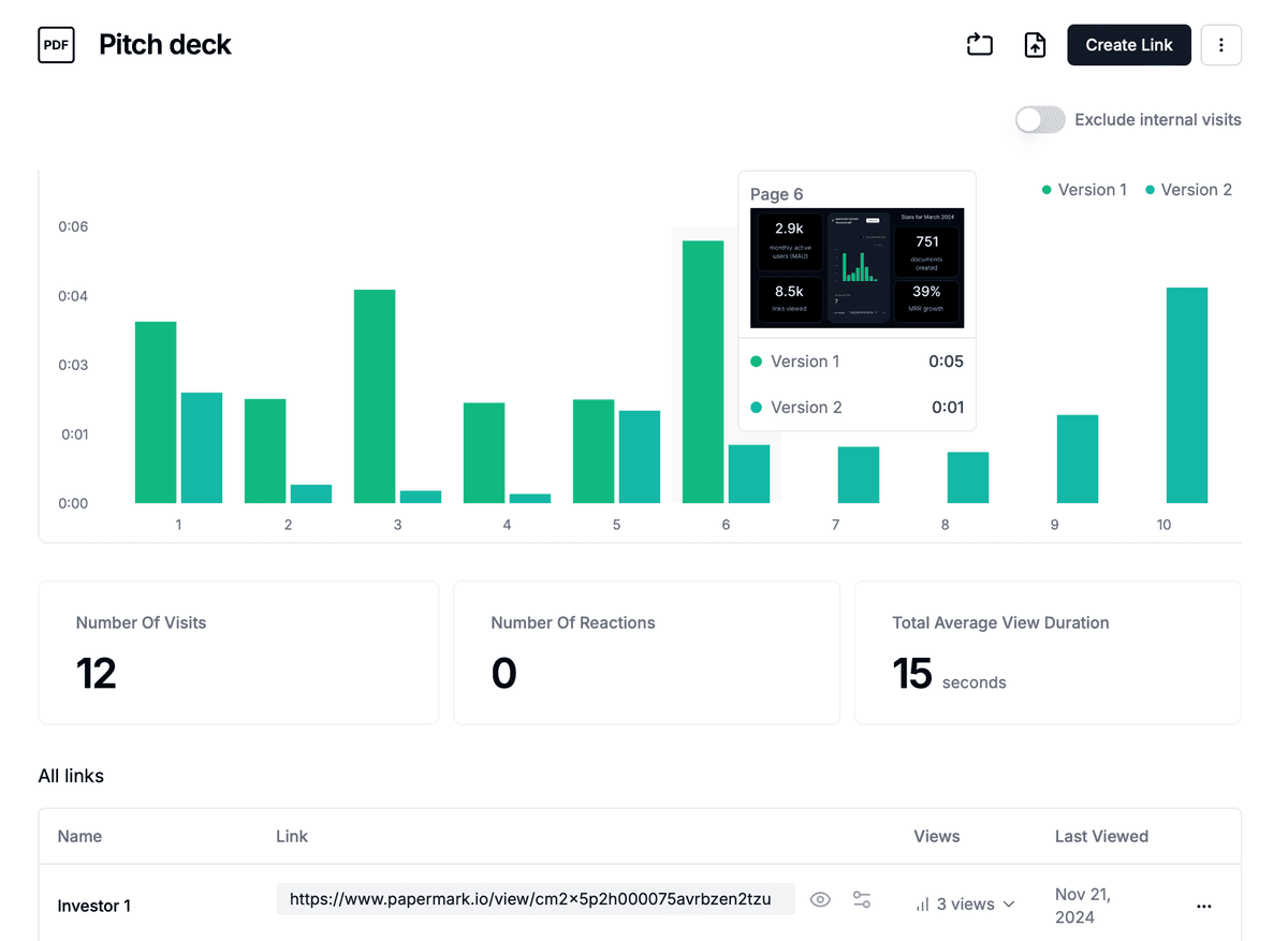 Papermark's virtual data room interface showing organized investor materials
