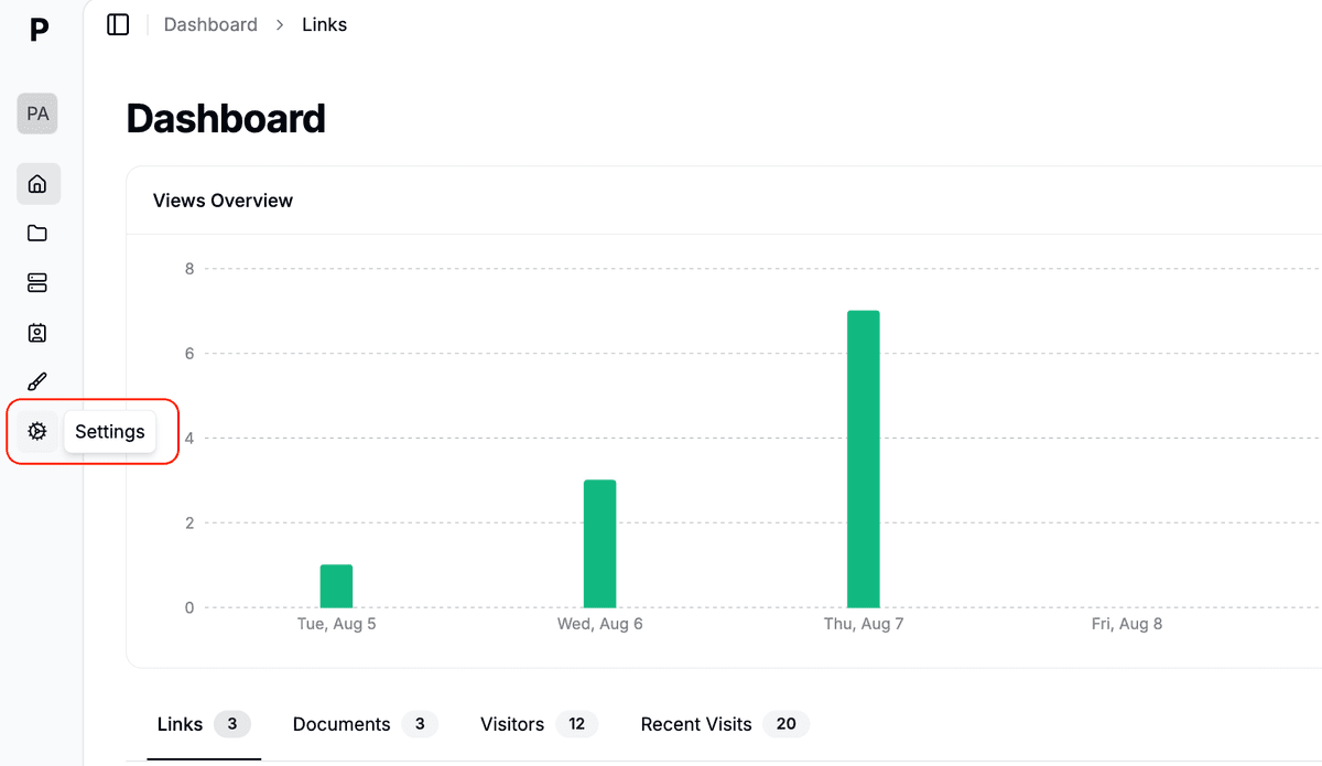 Menu Paramètres dans la barre latérale