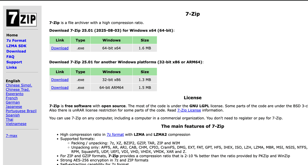 7-Zip file compression and encryption