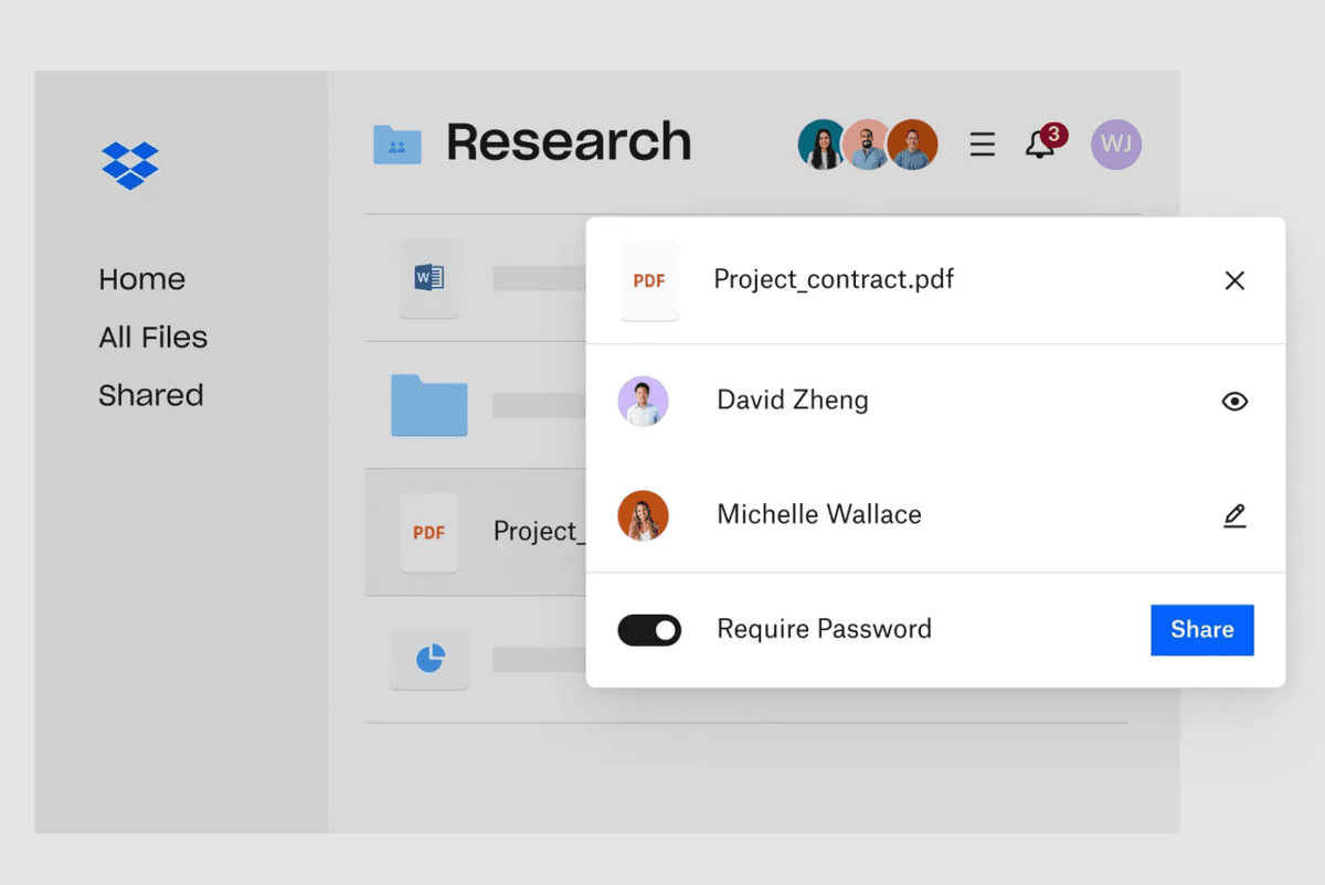 Interface de protection par mot de passe Dropbox