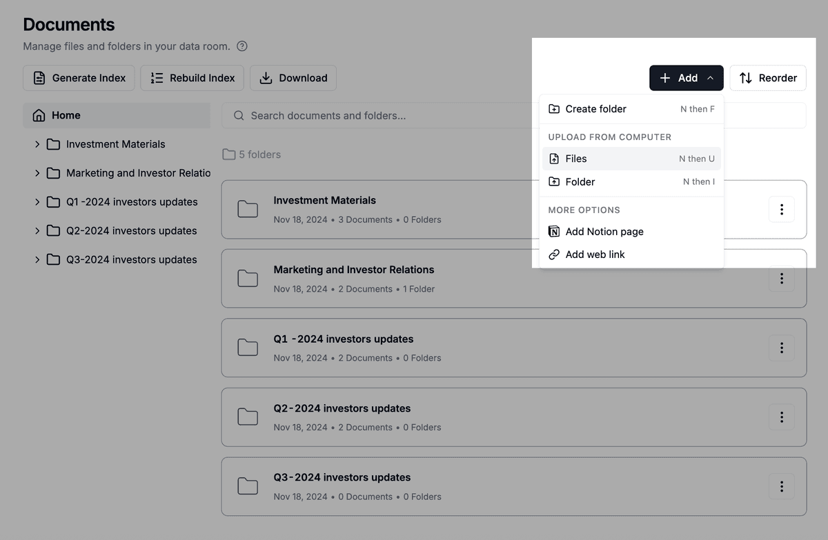 Upload files to a data room via the Add menu