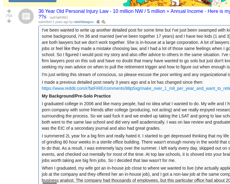 Reddit r/fatFIRE: 36 Year Old Personal Injury Law - $10M NW