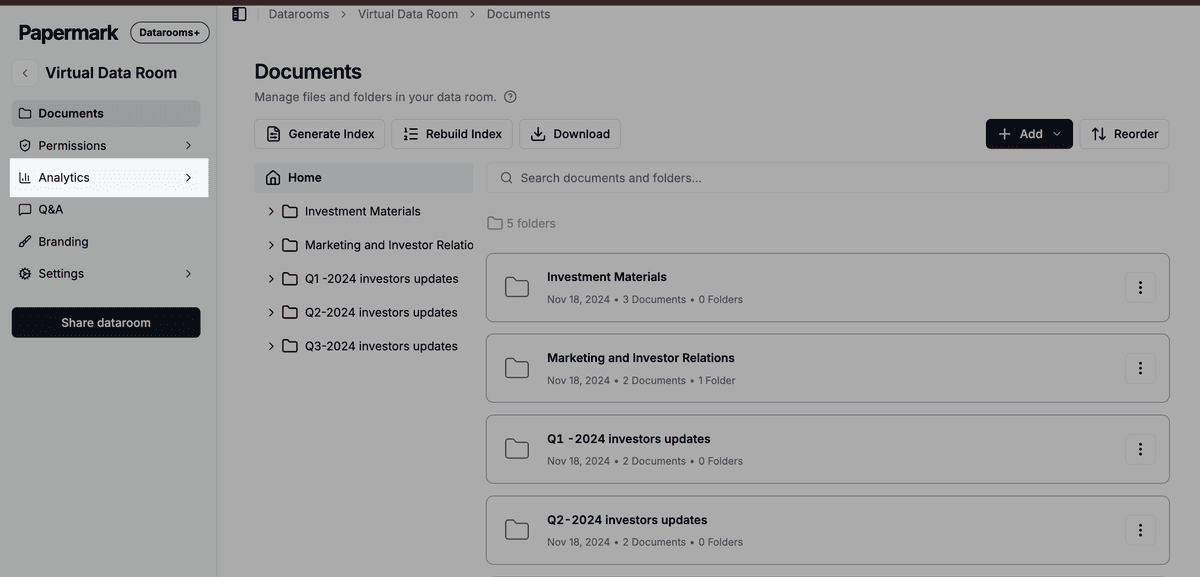 Data room analytics overview in Papermark